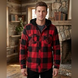 Empyre Mens Medium Red Black Buffalo Plaid Sherpa Lined Hooded Flannel Jacket